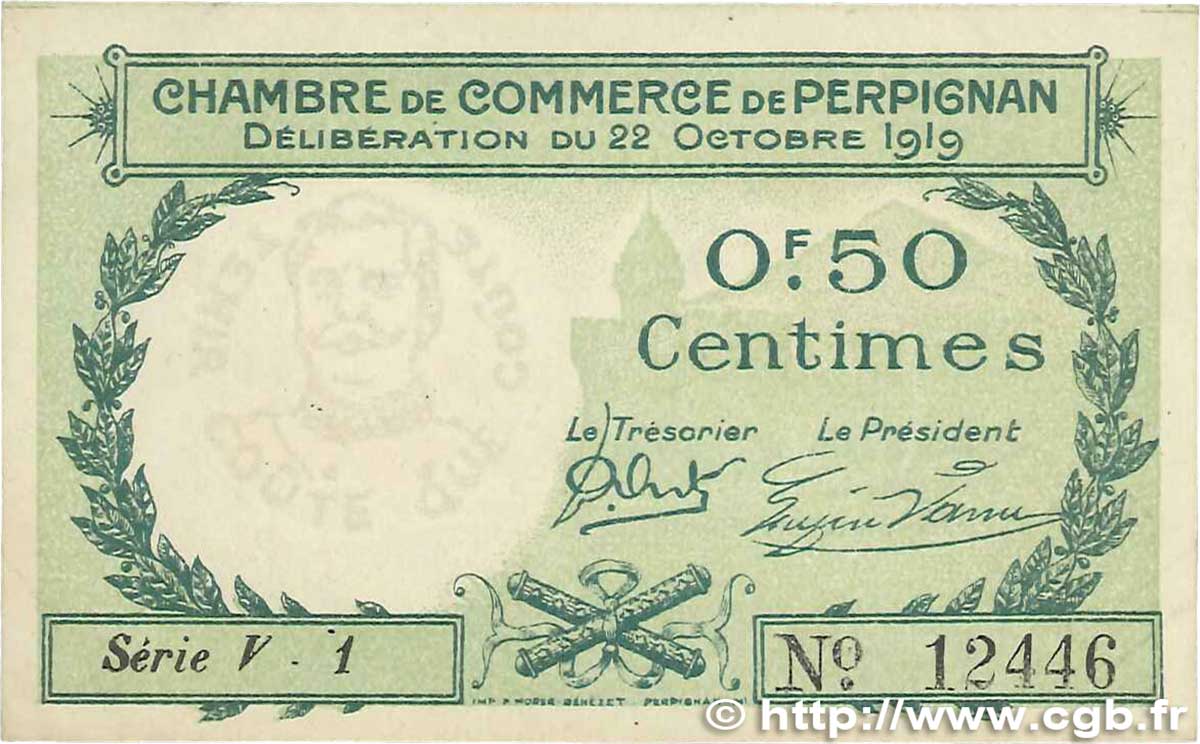 50 Centimes FRANCE regionalism and miscellaneous Perpignan 1919 JP.100.27 VF+