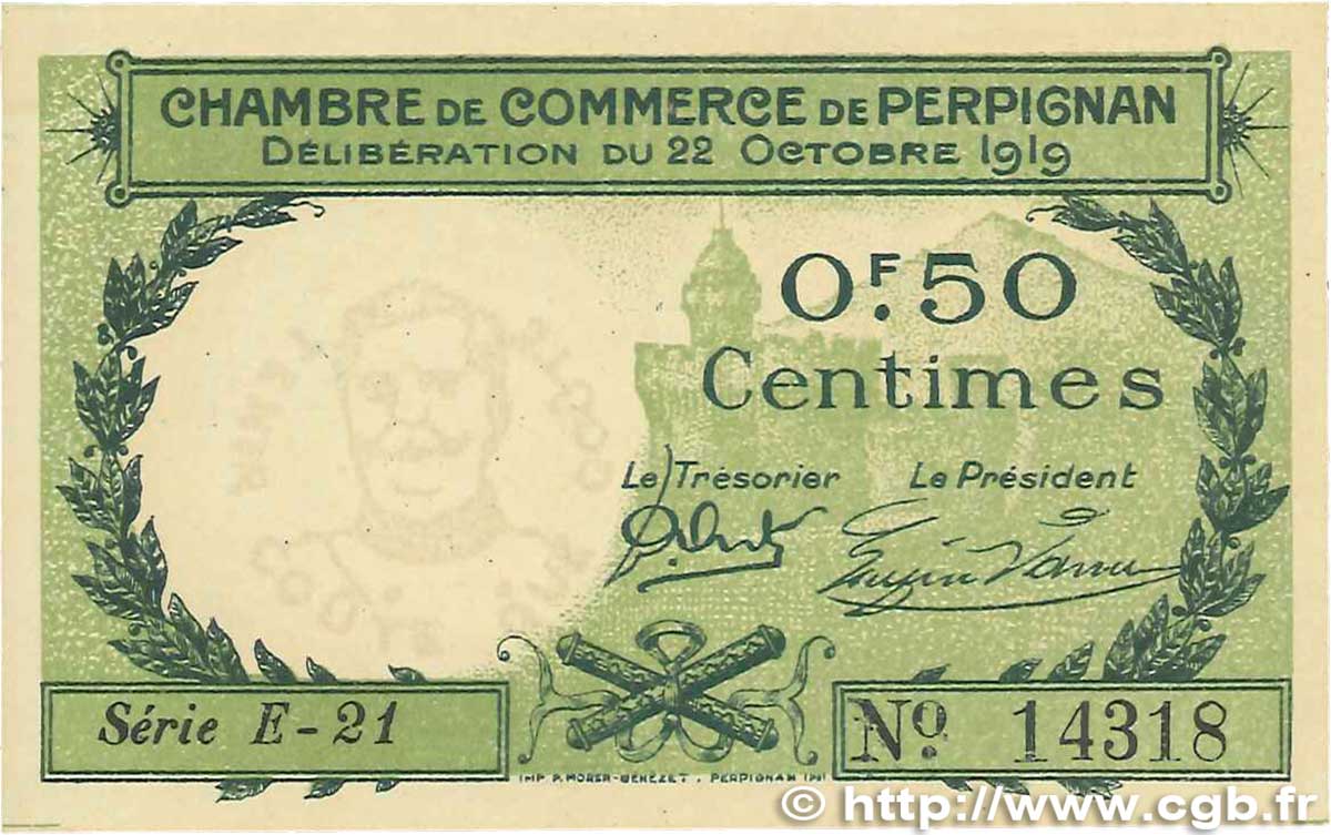 50 Centimes FRANCE regionalism and various Perpignan 1919 JP.100.27 XF+