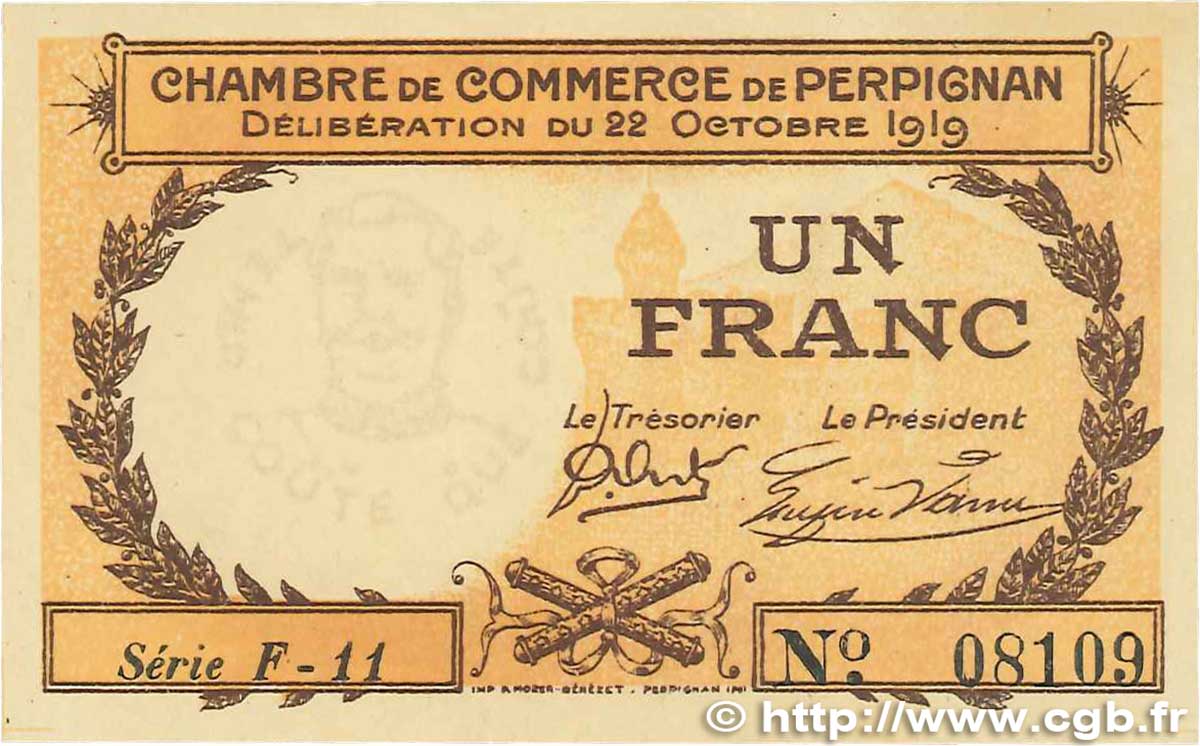 1 Franc FRANCE Regionalismus und verschiedenen Perpignan 1919 JP.100.29 fST+