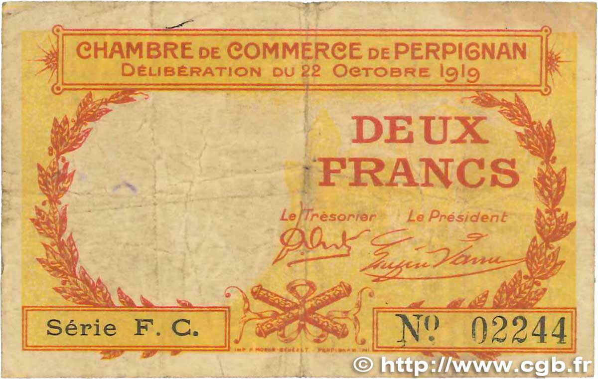 2 Francs FRANCE regionalism and miscellaneous Perpignan 1919 JP.100.30 G