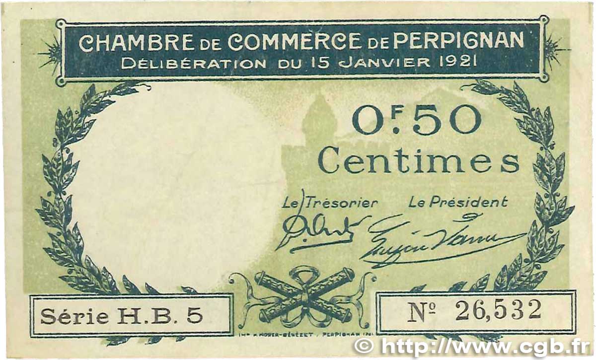 50 Centimes FRANCE regionalismo y varios Perpignan 1921 JP.100.31 BC