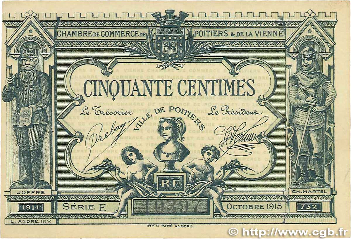 50 Centimes FRANCE Regionalismus und verschiedenen Poitiers 1915 JP.101.01 fVZ