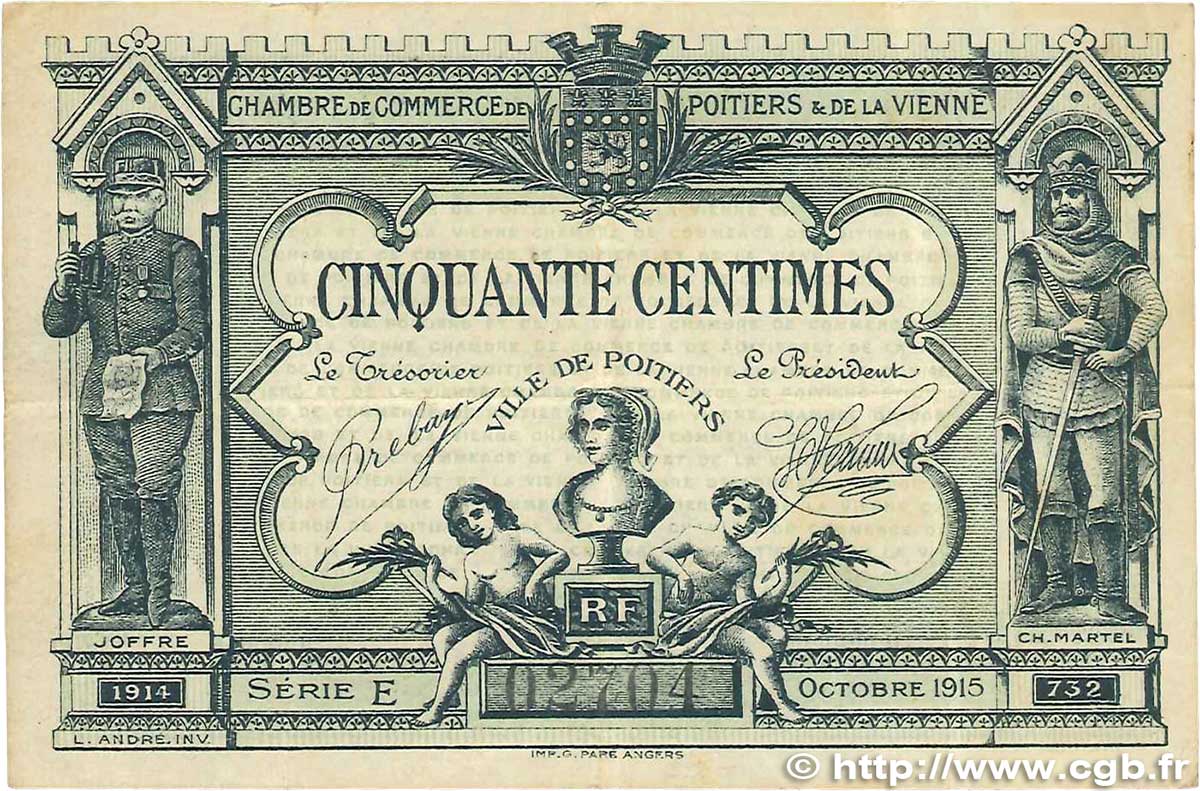 50 Centimes FRANCE regionalismo y varios Poitiers 1915 JP.101.01 MBC