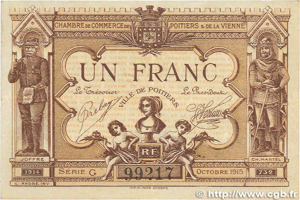 1 Franc FRANCE Regionalismus und verschiedenen Poitiers 1915 JP.101.03 SS