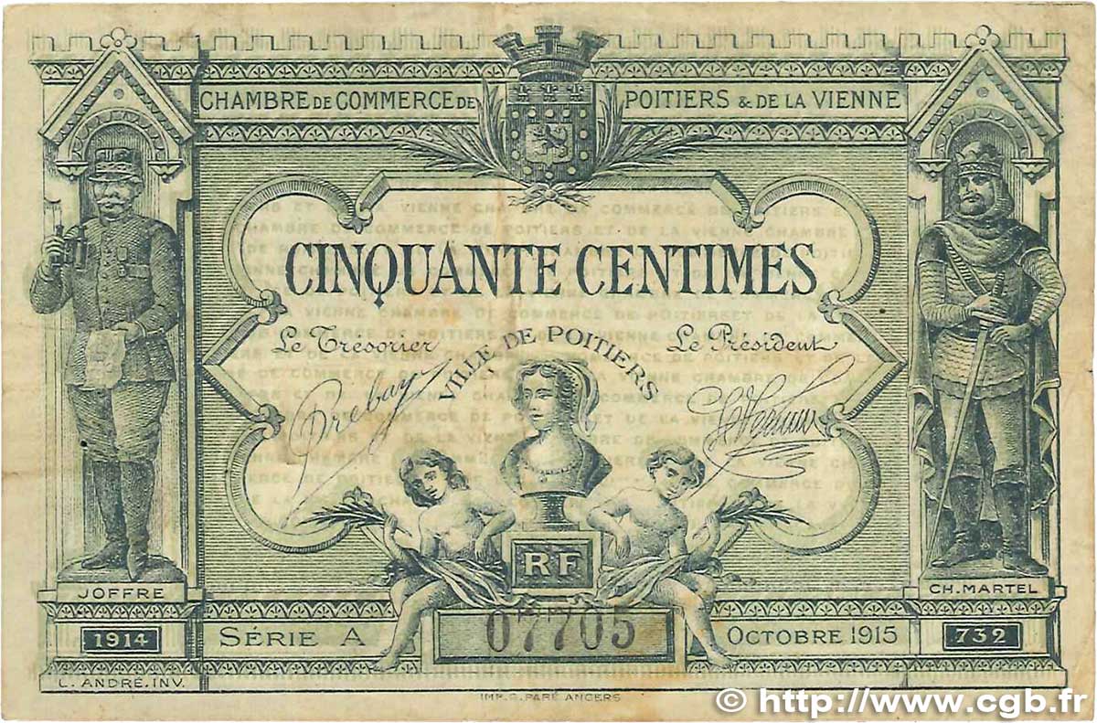 50 Centimes FRANCE Regionalismus und verschiedenen Poitiers 1915 JP.101.05 S