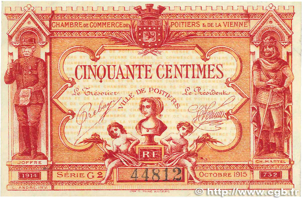 50 Centimes FRANCE regionalism and miscellaneous Poitiers 1917 JP.101.08 VF+