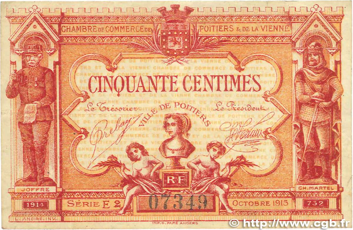 50 Centimes FRANCE Regionalismus und verschiedenen Poitiers 1917 JP.101.08 SS