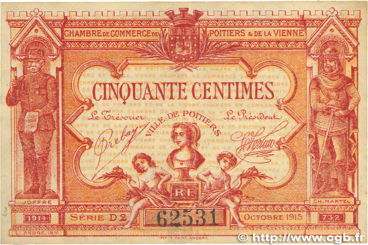 50 Centimes FRANCE Regionalismus und verschiedenen Poitiers 1917 JP.101.10 SS