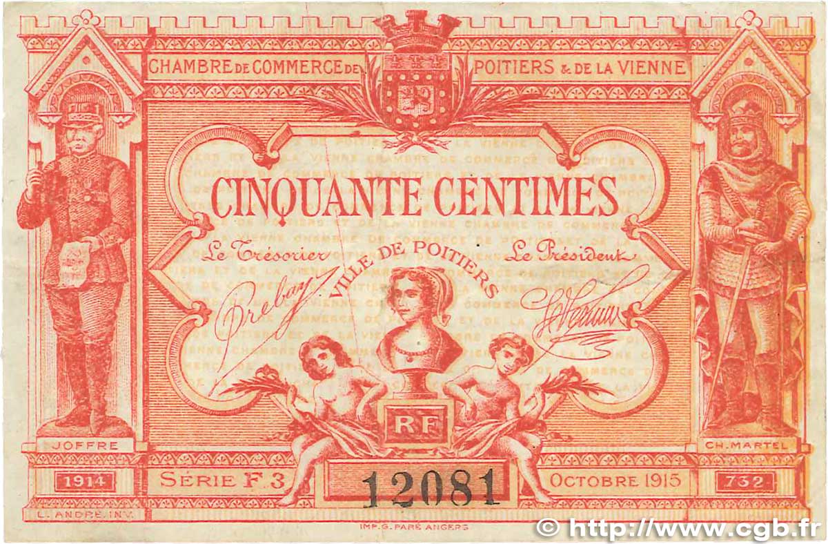 50 Centimes FRANCE Regionalismus und verschiedenen Poitiers 1920 JP.101.11 SS