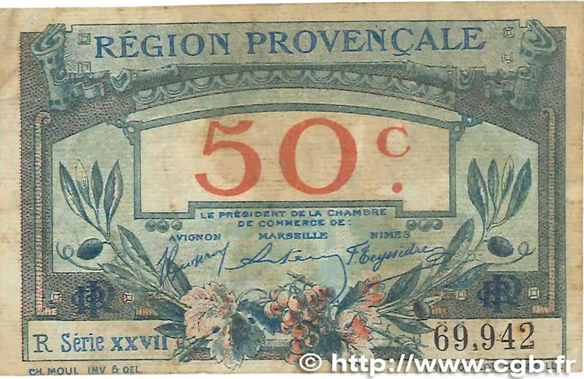 50 Centimes FRANCE Regionalismus und verschiedenen Alais, Arles, Avignon, Gap, Marseille, Nîmes, Toulon 1918 JP.102.07 fSS