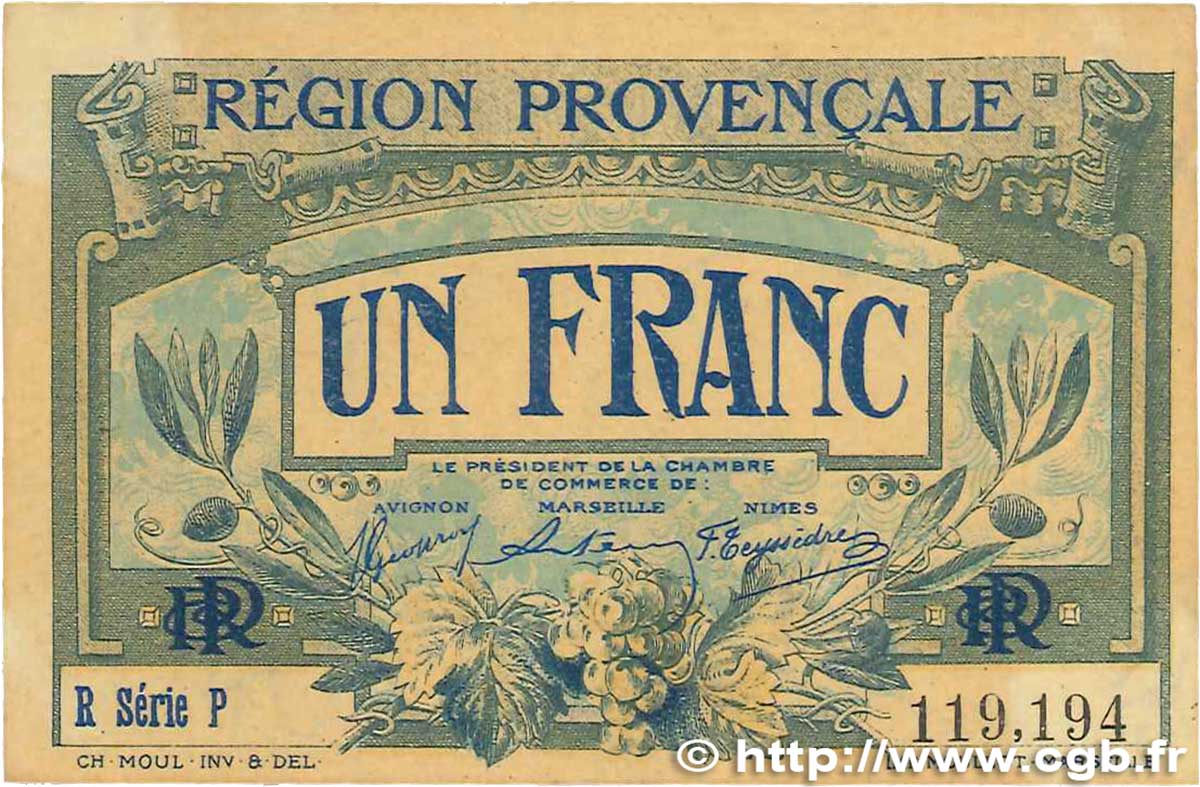 1 Franc FRANCE Regionalismus und verschiedenen Alais, Arles, Avignon, Gap, Marseille, Nîmes, Toulon 1918 JP.102.08 fVZ