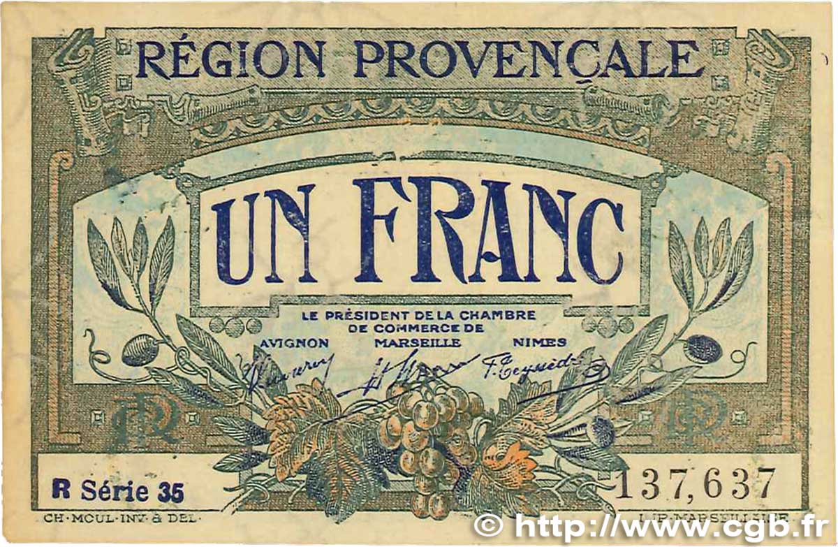 1 Franc FRANCE Regionalismus und verschiedenen Alais, Arles, Avignon, Gap, Marseille, Nîmes, Toulon 1918 JP.102.12 SS