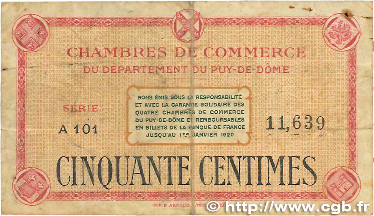 50 Centimes FRANCE regionalism and various Puy-De-Dôme 1918 JP.103.01 VG