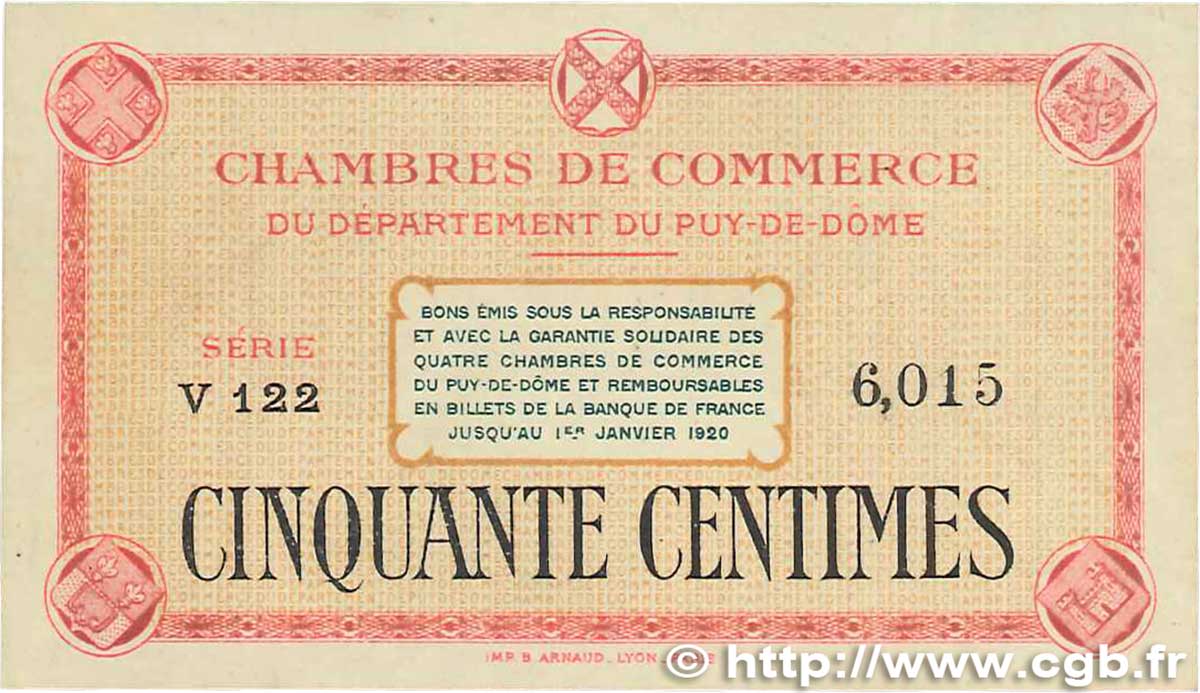 50 Centimes FRANCE Regionalismus und verschiedenen Puy-De-Dôme 1918 JP.103.01 fVZ