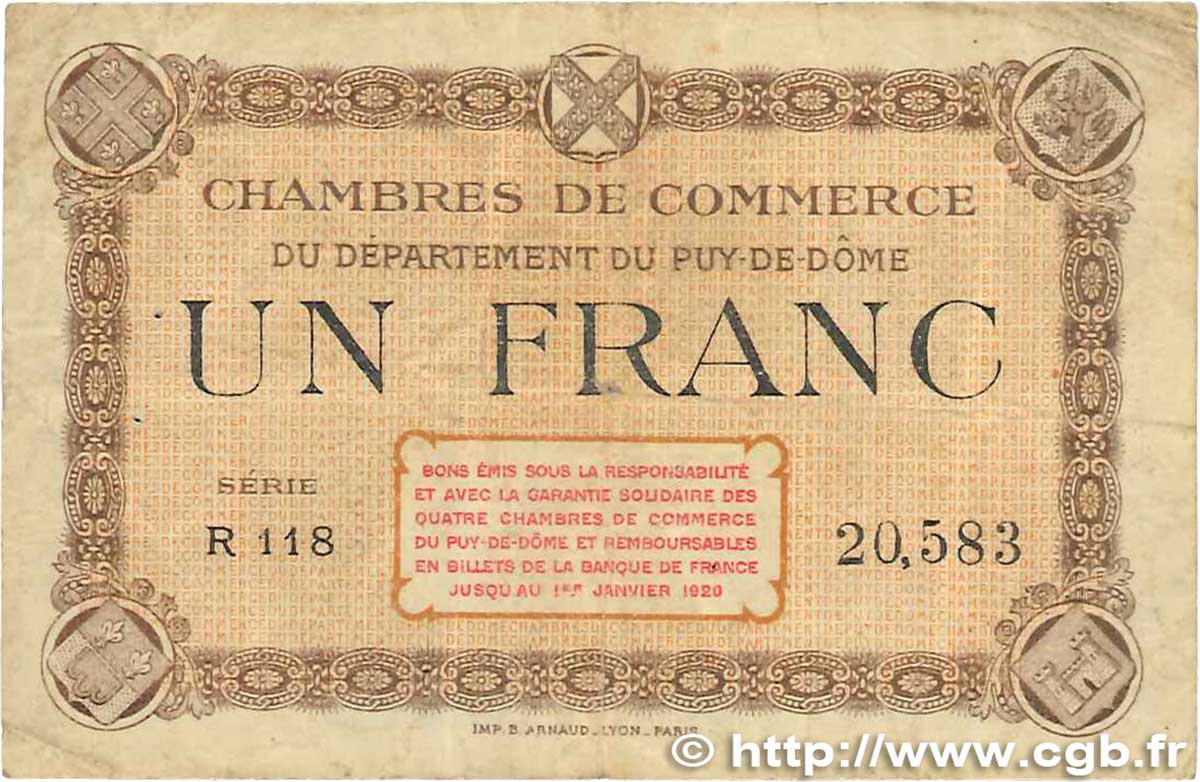 1 Franc FRANCE regionalism and miscellaneous Puy-De-Dôme 1918 JP.103.06 VG