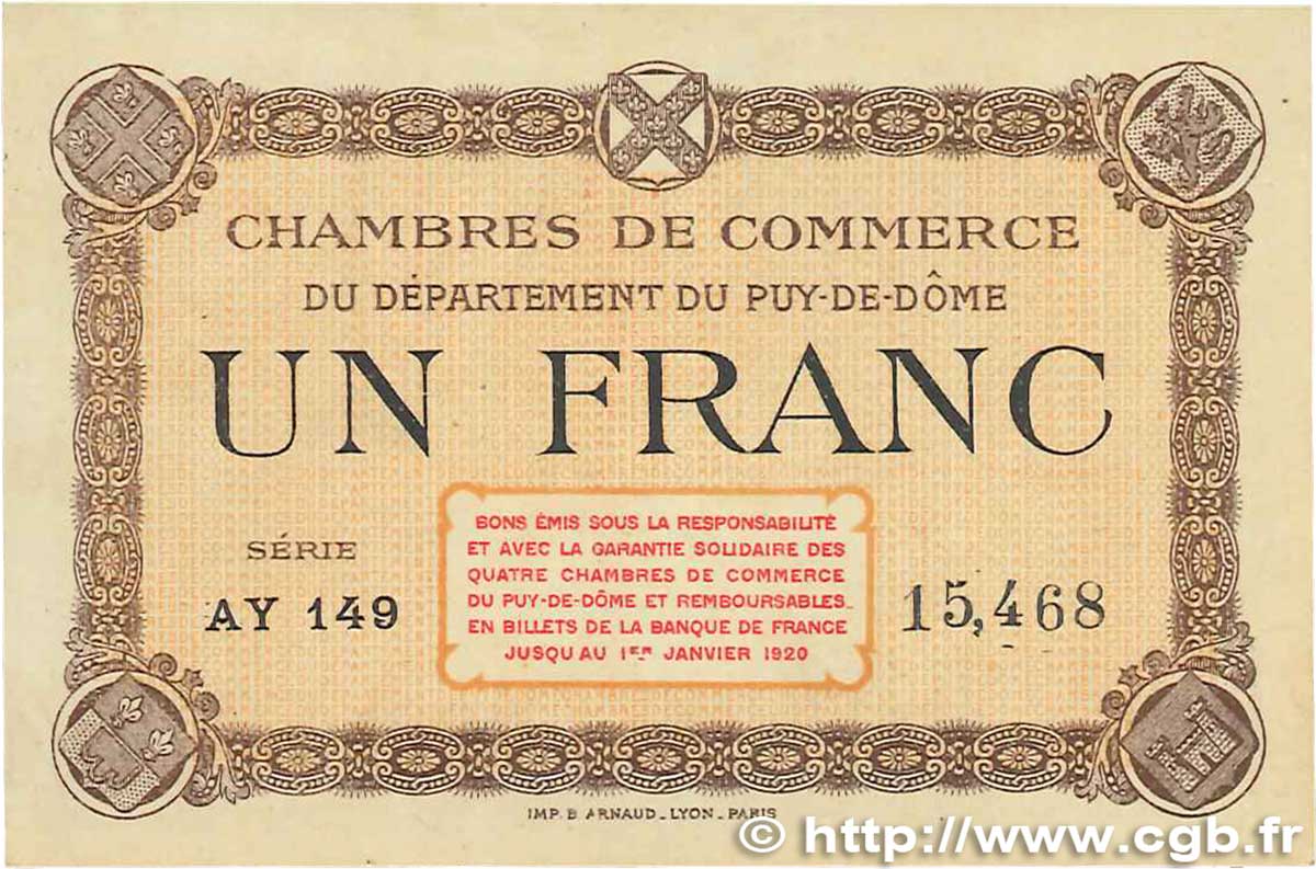 1 Franc FRANCE regionalism and various Puy-De-Dôme 1918 JP.103.08 VF+