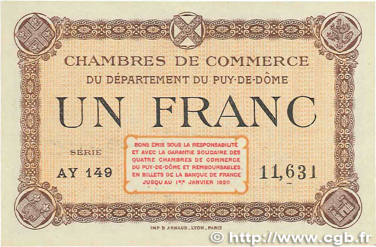 1 Franc FRANCE regionalismo e varie Puy-De-Dôme 1918 JP.103.08 q.SPL