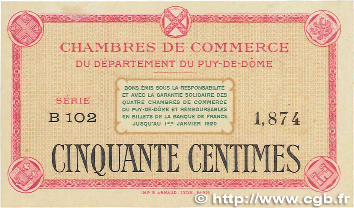 50 Centimes FRANCE regionalismo e varie Puy-De-Dôme 1918 JP.103.12 SPL