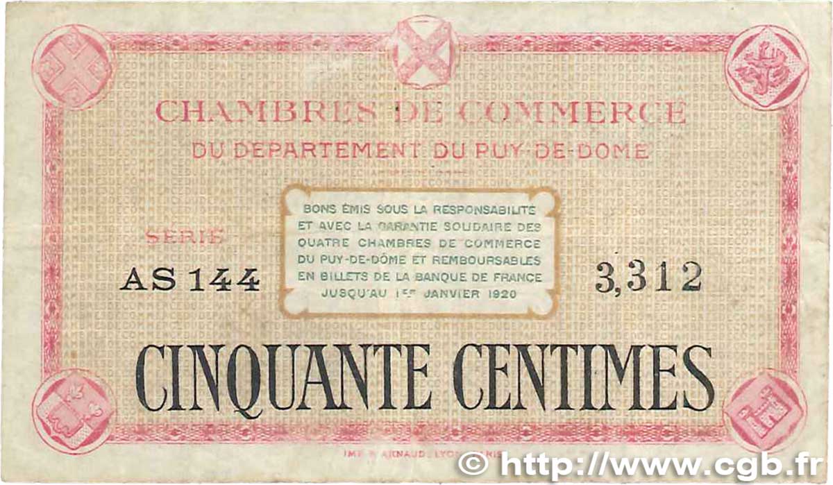 50 Centimes FRANCE regionalism and various Puy-De-Dôme 1918 JP.103.15 G