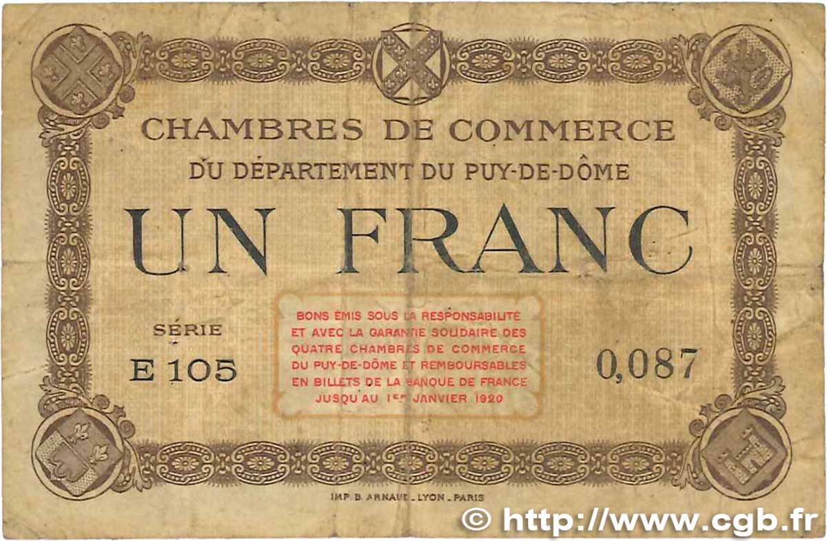 1 Franc FRANCE regionalism and miscellaneous Puy-De-Dôme 1918 JP.103.16 G
