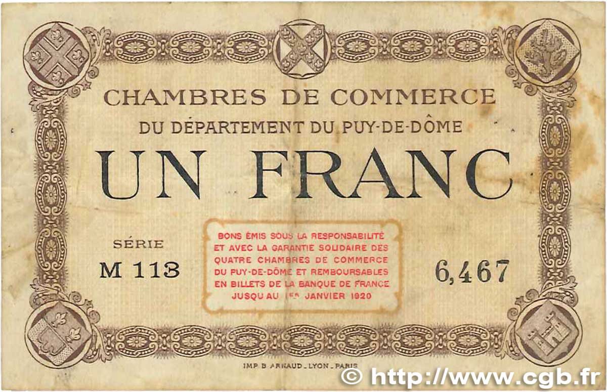 1 Franc FRANCE regionalism and miscellaneous Puy-De-Dôme 1918 JP.103.16 VG