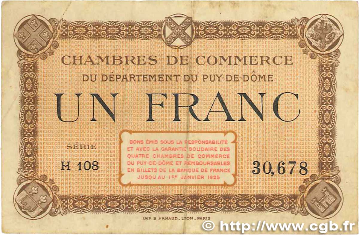 1 Franc FRANCE régionalisme et divers Puy-De-Dôme 1918 JP.103.20 TB