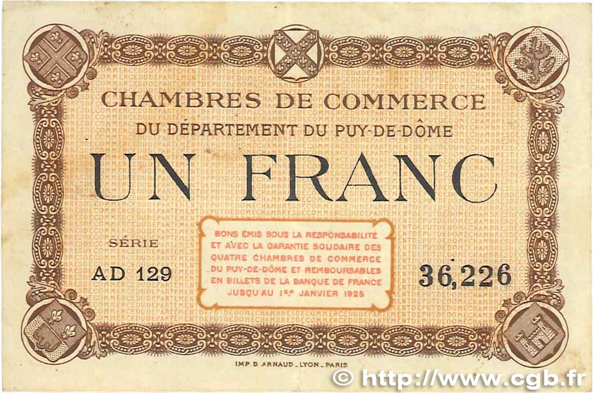 1 Franc FRANCE regionalism and miscellaneous Puy-De-Dôme 1918 JP.103.21 VF