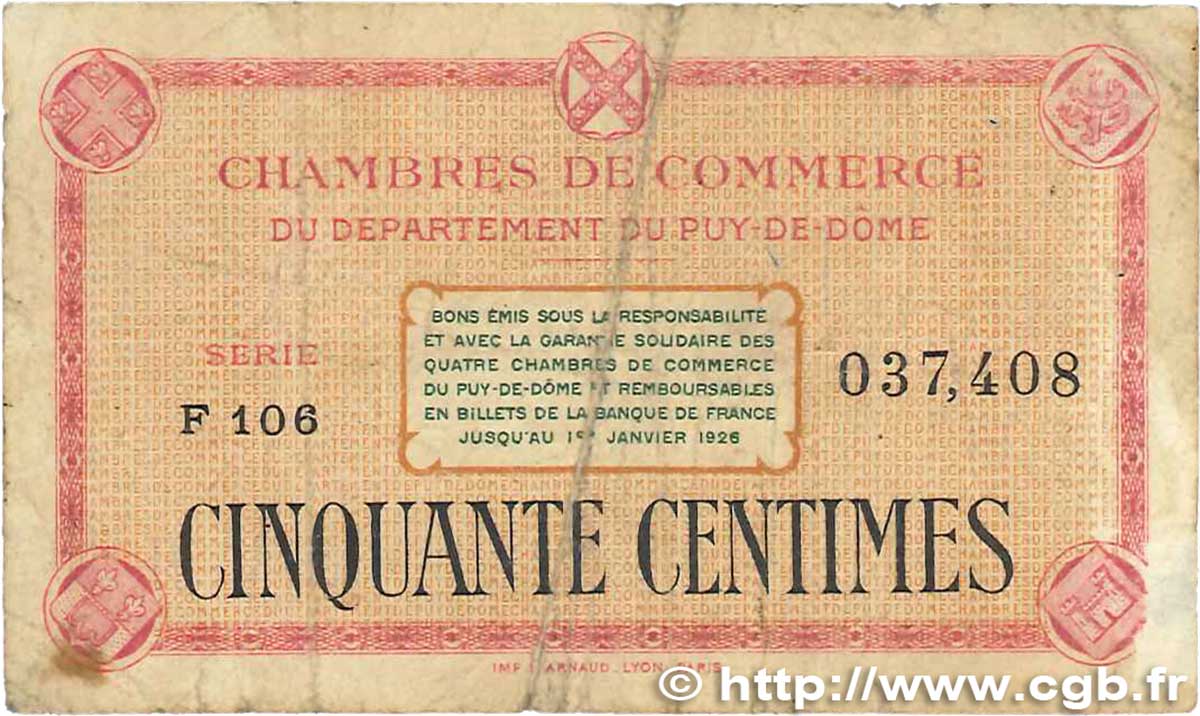 50 Centimes FRANCE regionalismo e varie Puy-De-Dôme 1918 JP.103.22 B