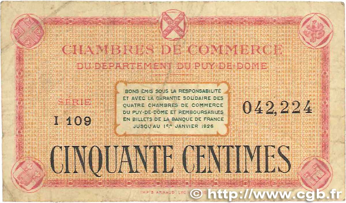 50 Centimes FRANCE régionalisme et divers Puy-De-Dôme 1918 JP.103.22 TB