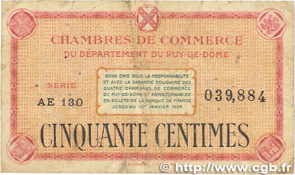 50 Centimes FRANCE regionalism and miscellaneous Puy-De-Dôme 1918 JP.103.23 VG