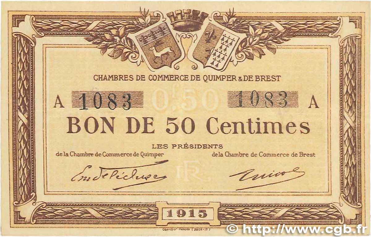 50 Centimes FRANCE regionalismo y varios Quimper et Brest 1915 JP.104.01 MBC
