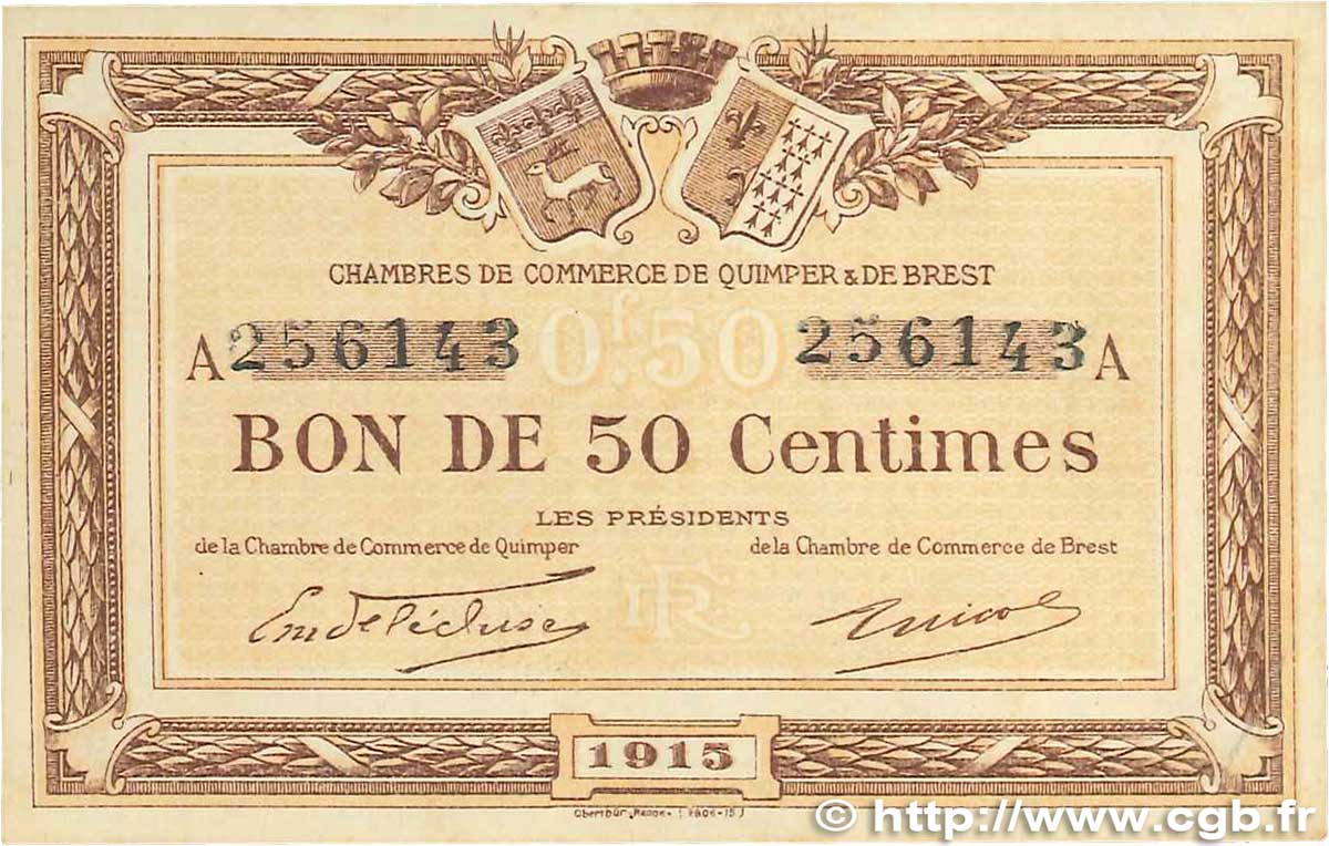 50 Centimes FRANCE Regionalismus und verschiedenen Quimper et Brest 1915 JP.104.01 fVZ