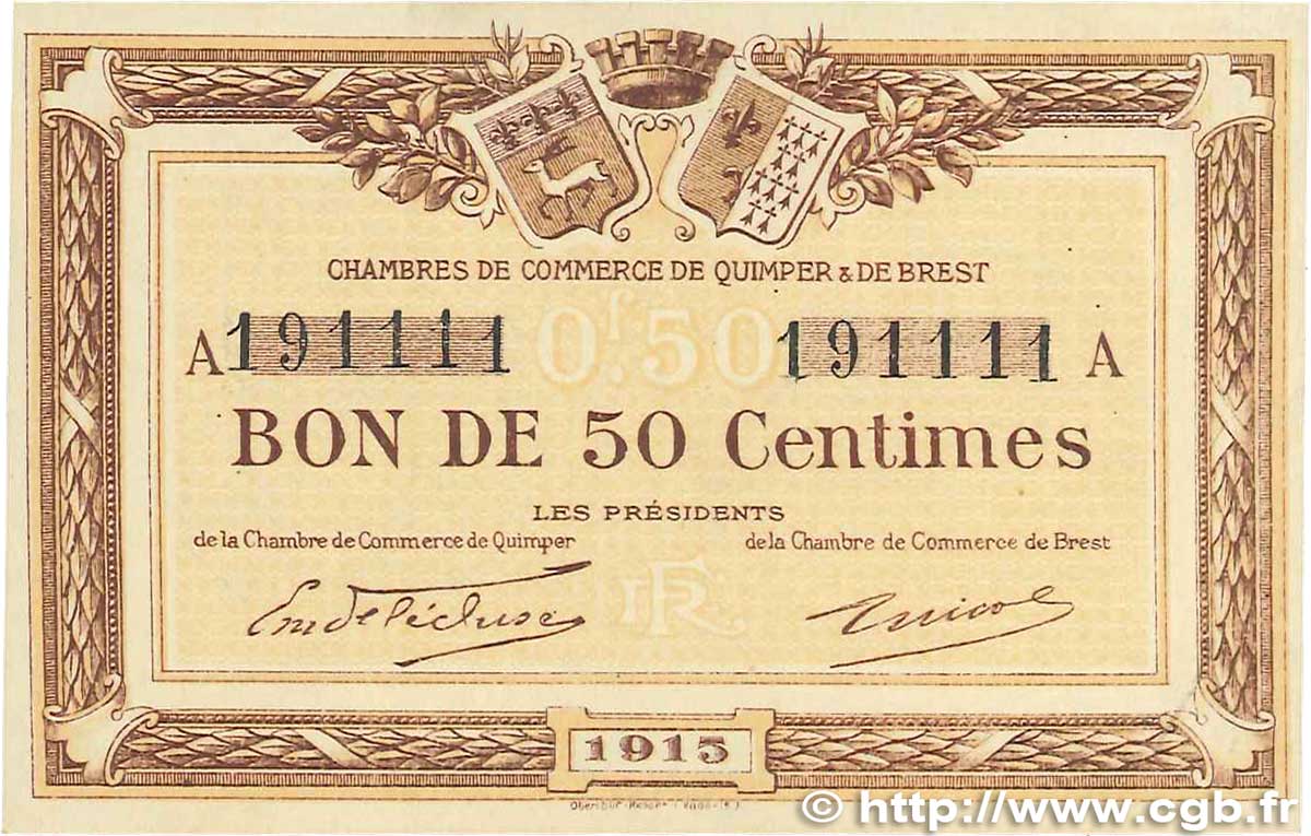50 Centimes FRANCE regionalism and miscellaneous Quimper et Brest 1915 JP.104.01 XF