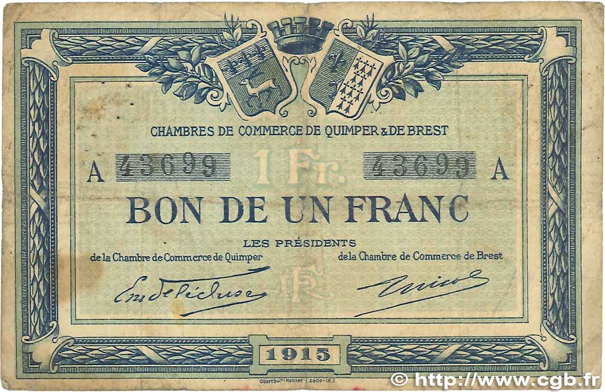 1 Franc FRANCE régionalisme et divers Quimper et Brest 1915 JP.104.02 B
