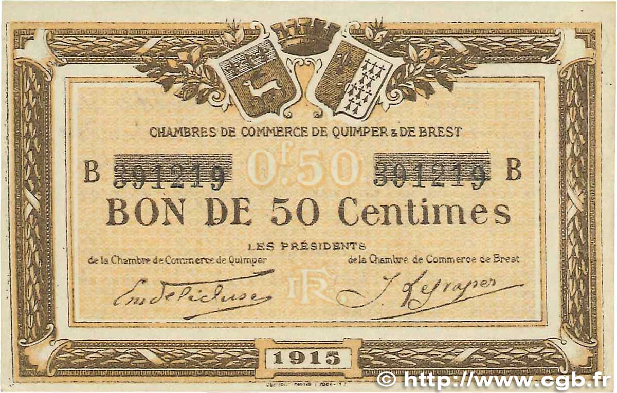 50 Centimes FRANCE regionalismo y varios Quimper et Brest 1915 JP.104.04 MBC