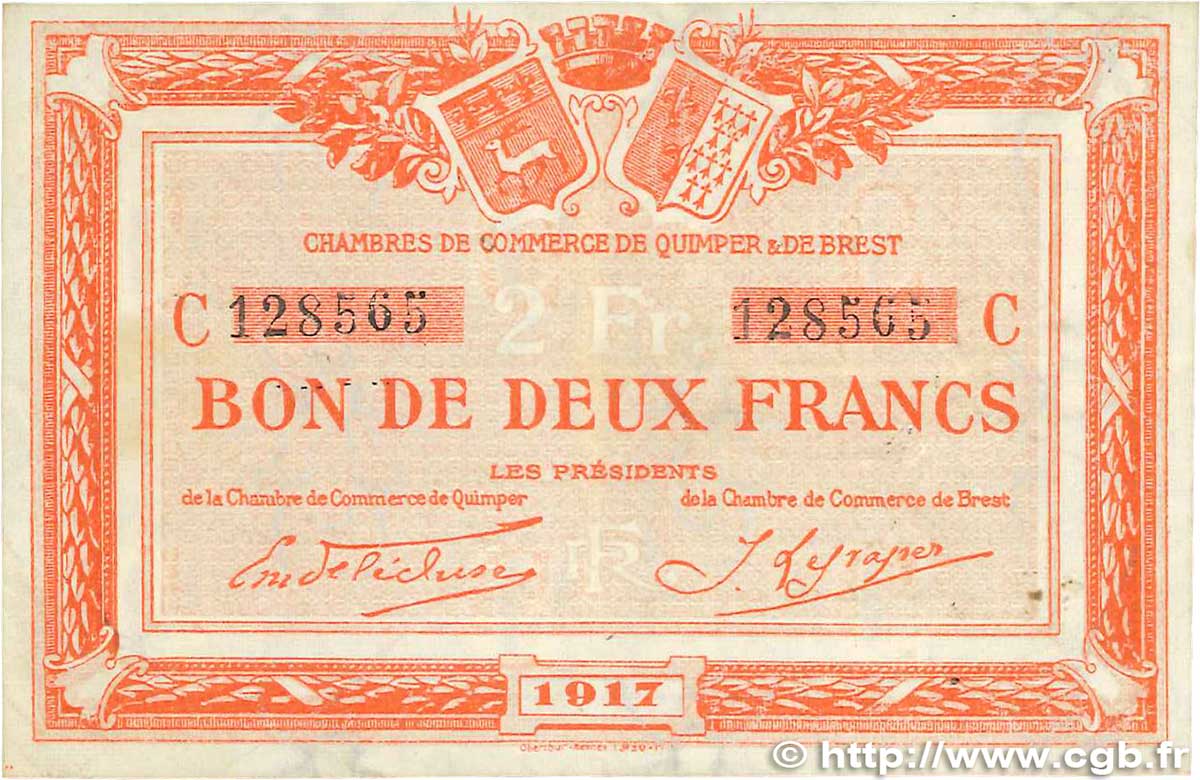 2 Francs FRANCE regionalismo y varios Quimper et Brest 1917 JP.104.09 MBC