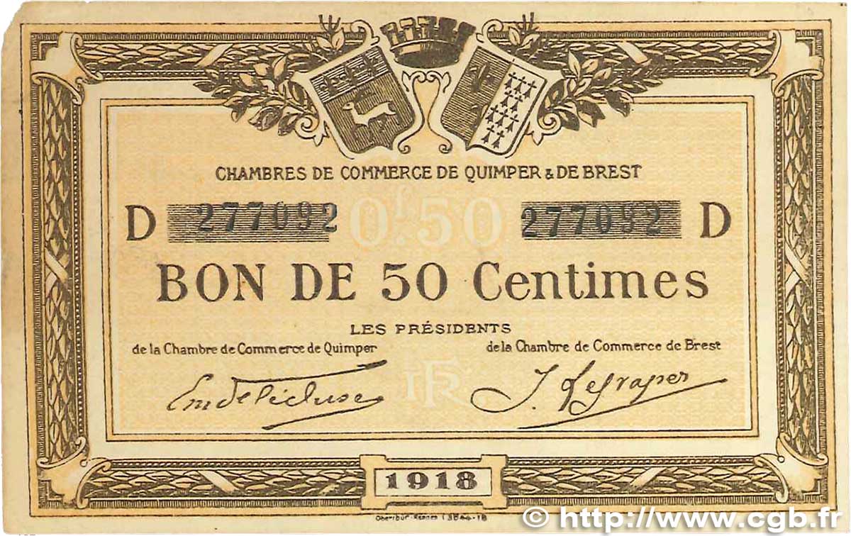 50 Centimes FRANCE Regionalismus und verschiedenen Quimper et Brest 1918 JP.104.10 fSS