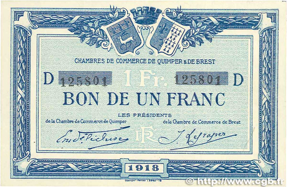 1 Franc FRANCE regionalism and various Quimper et Brest 1918 JP.104.11 VF+