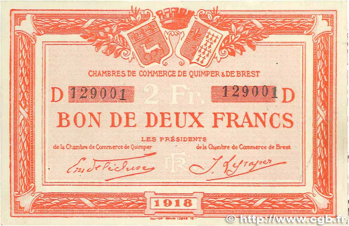 2 Francs FRANCE regionalism and various Quimper et Brest 1918 JP.104.12 VF+