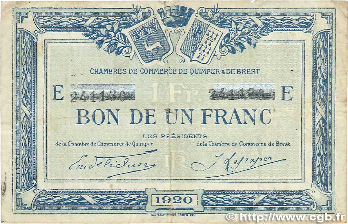 1 Franc FRANCE regionalismo e varie Quimper et Brest 1920 JP.104.17 B