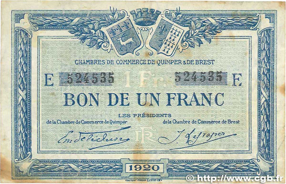 1 Franc FRANCE Regionalismus und verschiedenen Quimper et Brest 1920 JP.104.17 S