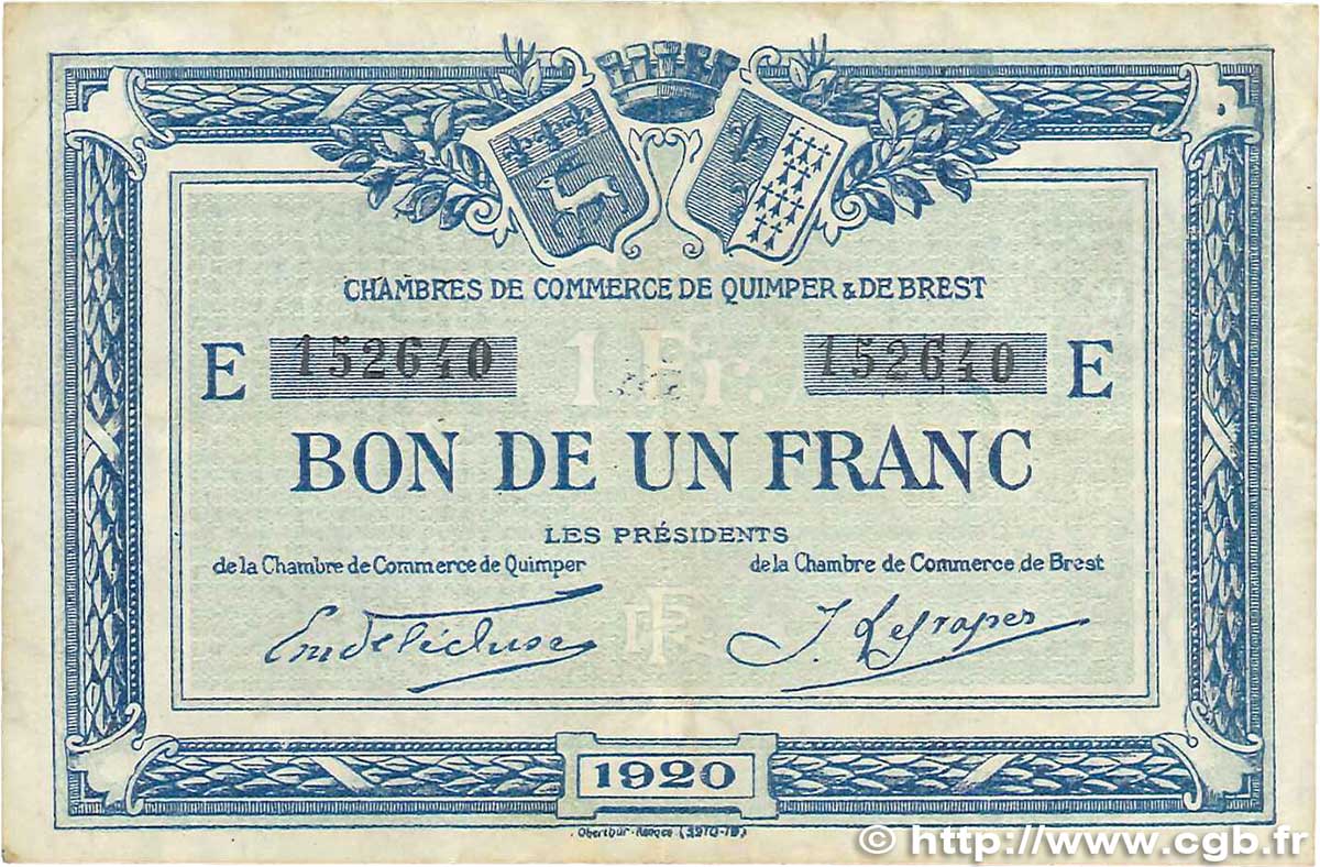 1 Franc FRANCE regionalism and miscellaneous Quimper et Brest 1920 JP.104.17 VF