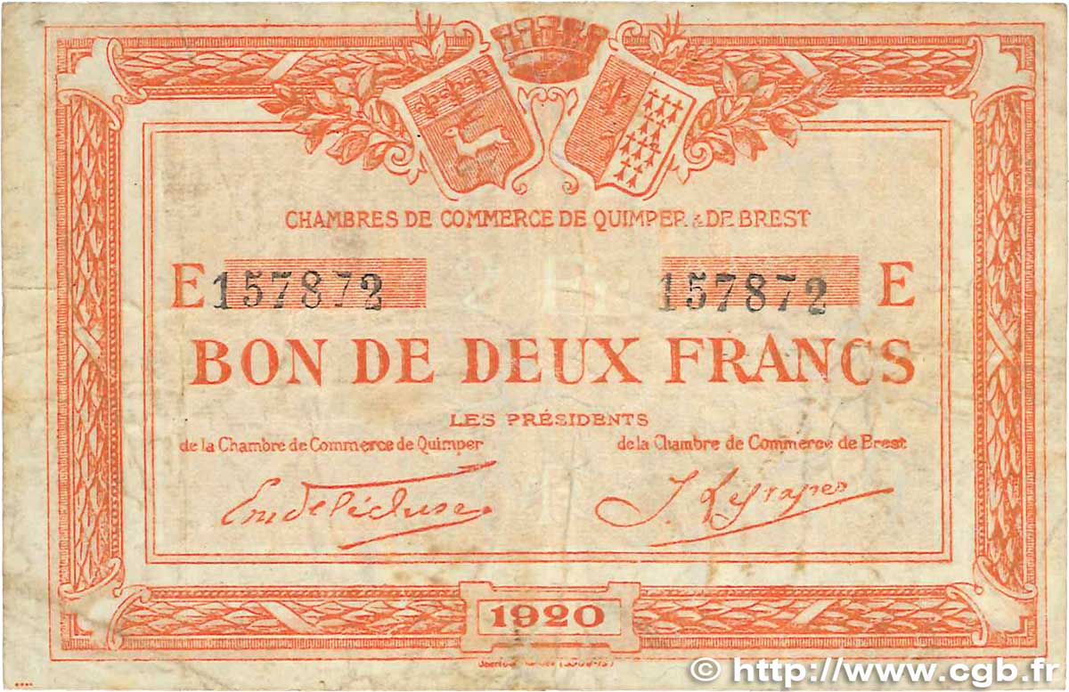 2 Francs FRANCE regionalism and various Quimper et Brest 1920 JP.104.18 G