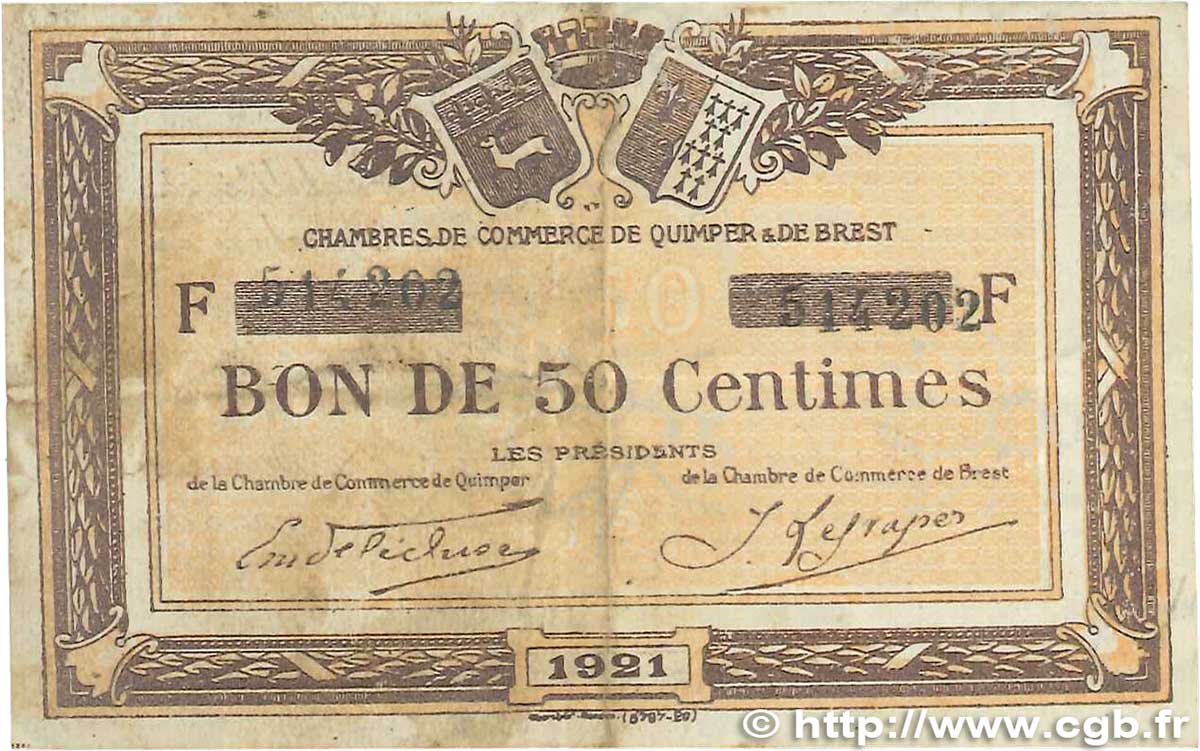 50 Centimes FRANCE Regionalismus und verschiedenen Quimper et Brest 1921 JP.104.19 S