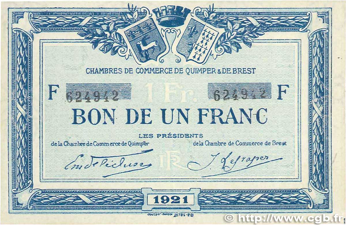 1 Franc FRANCE regionalism and miscellaneous Quimper et Brest 1921 JP.104.20 VF+