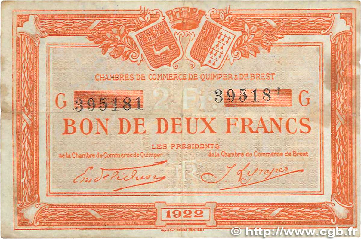 2 Francs FRANCE Regionalismus und verschiedenen Quimper et Brest 1922 JP.104.24 S