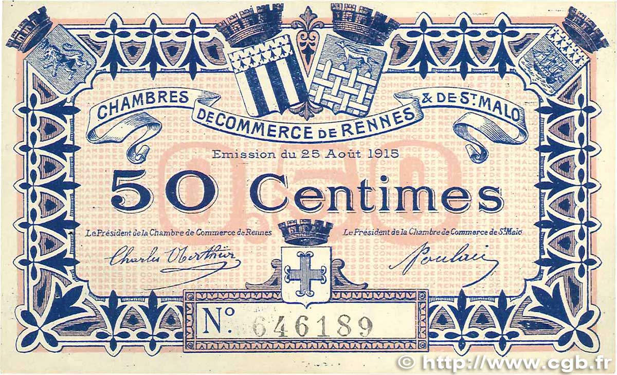 50 Centimes FRANCE Regionalismus und verschiedenen Rennes et Saint-Malo 1915 JP.105.01 VZ