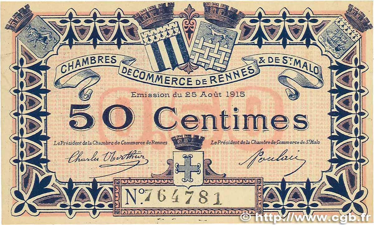 50 Centimes FRANCE regionalism and miscellaneous Rennes et Saint-Malo 1915 JP.105.01 UNC-
