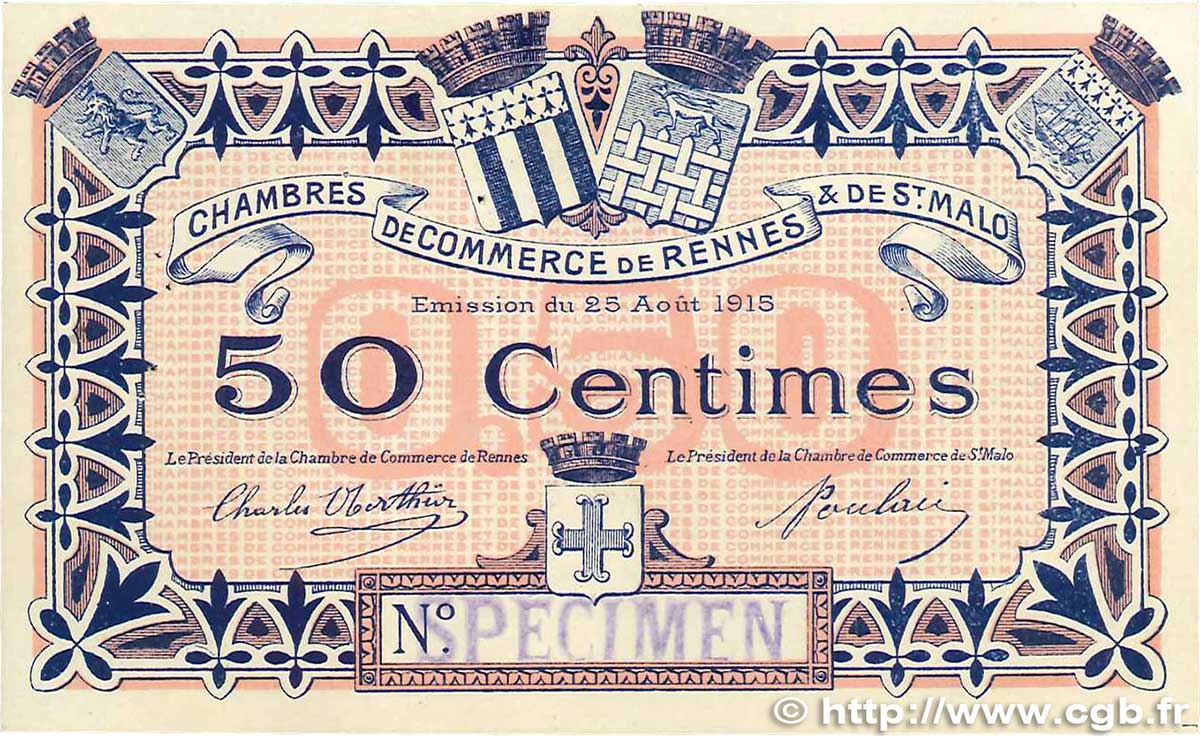 50 Centimes Spécimen FRANCE regionalism and miscellaneous  1915 JP.105.02var. VF+