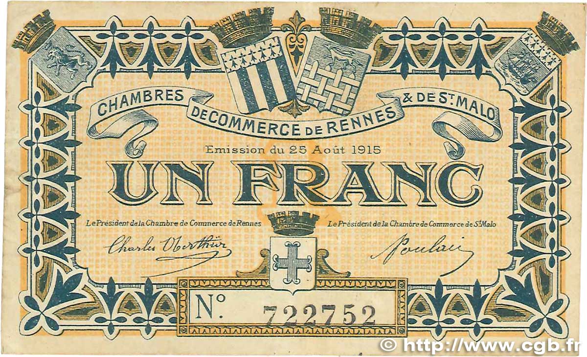 1 Franc FRANCE regionalism and various Rennes et Saint-Malo 1915 JP.105.03 F